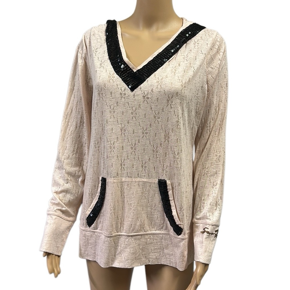 Seven7 Cream Long Sleeve V-Neck Top with Black Sequin Trim